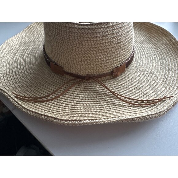 Toucan Paper Straw Cowboy Hat Gold Feather Brown Leather Band & Accent Beads - Picture 4 of 7